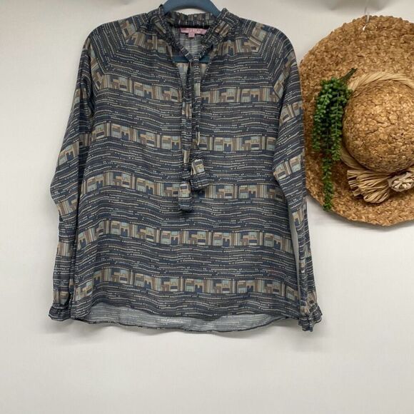 Calypso St Barth Ruffle Neck Popover Blouse Tie Neck  Mint / Beige Small‎ - Picture 4 of 15